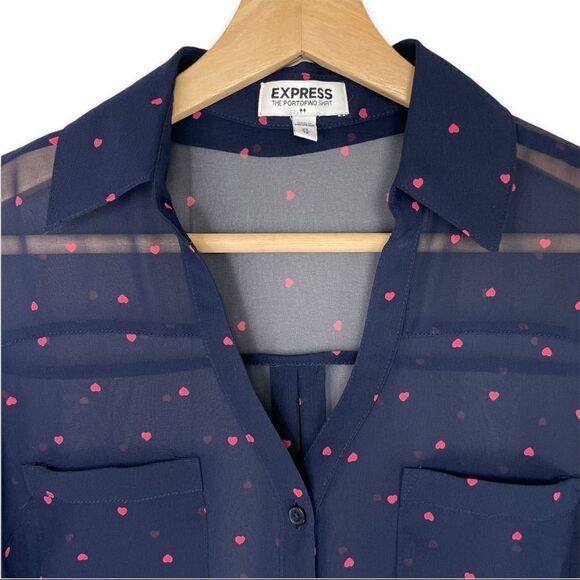 Express Portofino Shirt Semi Sheer Navy Heart Print Button Down - Picture 3 of 8